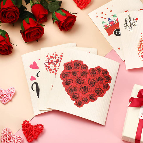 6 Pieces Mixed Valentine's Day Swedish Kitchen Dishcloths, Reusable Love Heart Dish Towels Absorbent and Fast Dry Cleaning Wipes for Home and Office Cleaning, Love Tree, Rose and Gnome Truck Design