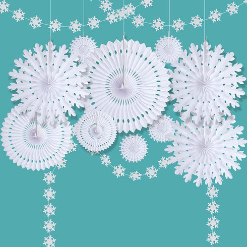 cnomg 12pcs Winter Wonderland Snowflake Party Decorations Set Hanging White Paper Fan Decor Snowflakes Garlands Banner Decoration for Frozen Birthday ChristmasTree New Year Baby Shower Wedding (White)
