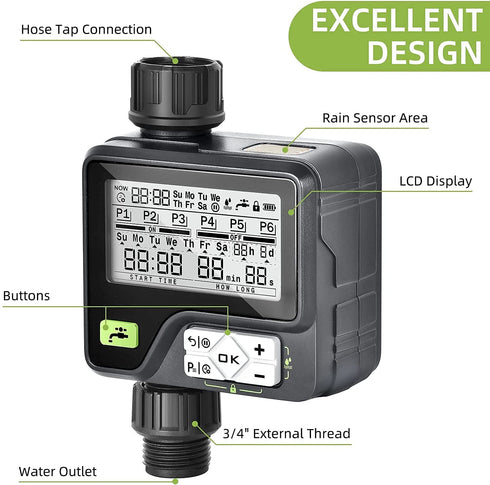 KGDJS Sprinkler Timer, Rain Sensor Water Timer Garden Outdoor Hose with Manual/Automatic/Rain Delay Watering System, Hose Timer with Six Irrigation Modes Memory for Lawn, Garden, Black