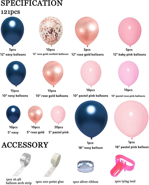 121 PCS Gender Reveal Party Supplies Rose Gold Navy Blue and Pink Latex Confetti Pearlescent Balloons Garland Arch Kit for Birthday Party Baby Shower Decorations