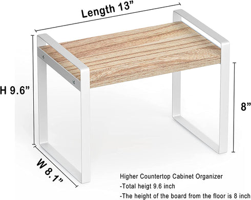 Cabinet Pantry Shelf Riser, Countertop Organizer, Heavy Duty Metal + Wood, Cupboard Stand Spice Rack, Under Sink Shelf, 13" L x 8.1" W x 9.6" H, White