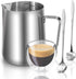 Milk Frothing Pitcher 900ml 32oz Steaming Pitchers Stainless Steel Milk Coffee Cappuccino Latte Art Barista Milk Jug Cup with Insulated Glasses Espresso Mug, 2 Spoon