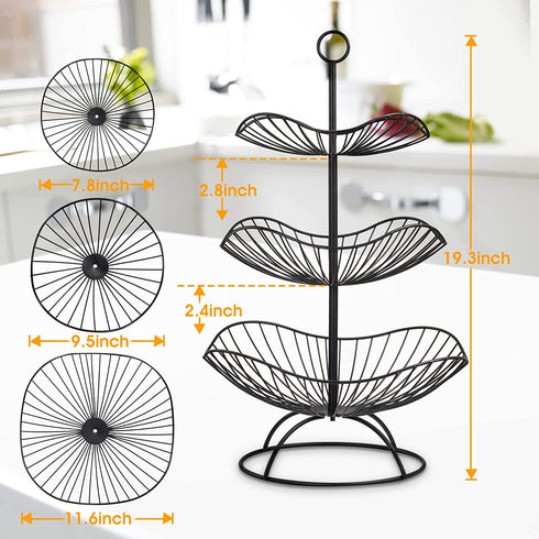Metal Fruit Bowl, Garini 3 Tier Fruit Basket, Large Fruit Bowl for Kitchen Counter, Kitchen & Dining Table, Lotus Shape, Black