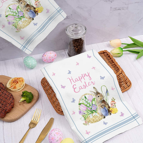 Easter Day Kitchen Towels Bunny Eggs Butterfly Flowers Dish Cloth Fingertip Bath Towels Cloth Blue Stripes Hand Drying Soft Cotton Tea Towel Set, 18x28in 2PCS