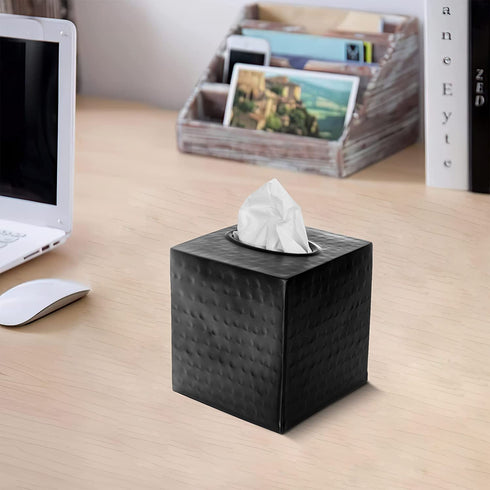 Monarch Abode Monarch Hand Hammered Metal Tissue Box Cover, Matte Black