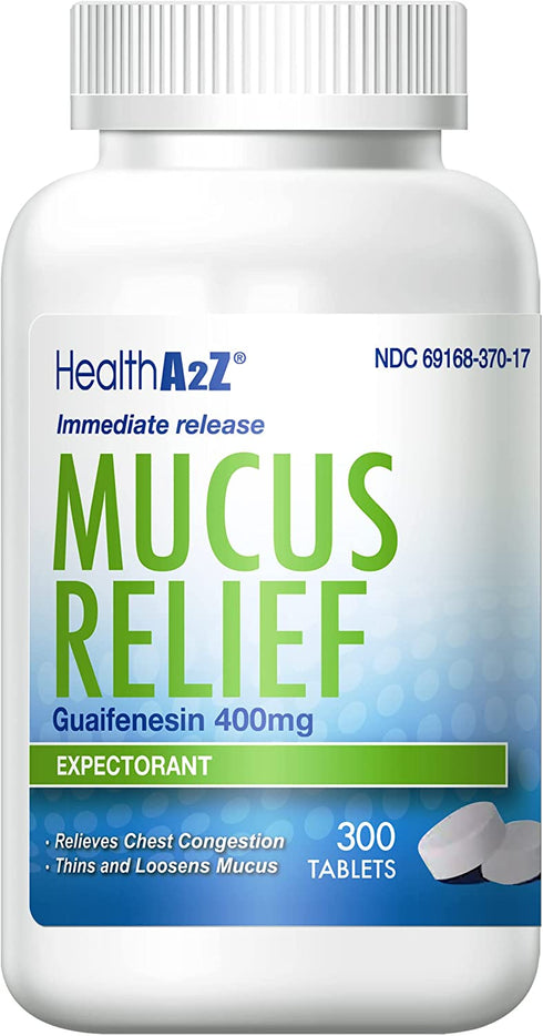 HealthA2Z Mucus Relief, Guaifenesin 400mg, 300 Tablets, Immediate Release, Expectorant