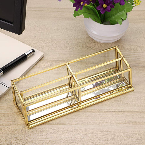 Hipiwe 4 Slots Glass Business Card Holder Stand - Vintage Gold Metal Name Card Display Stand Office Desktop Countertop Business Card Organizer