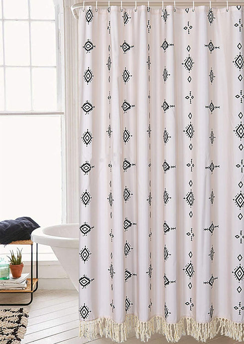 Yokii Boho Fabric Shower Curtain 84-Inch Length Tribal Chic Hippie Geo Diamond Fringe Bathroom Shower Curtain Set Extra Long Beige Heavy Weighted Bath Curtains with 4'' Tassels (72x84, Beige)