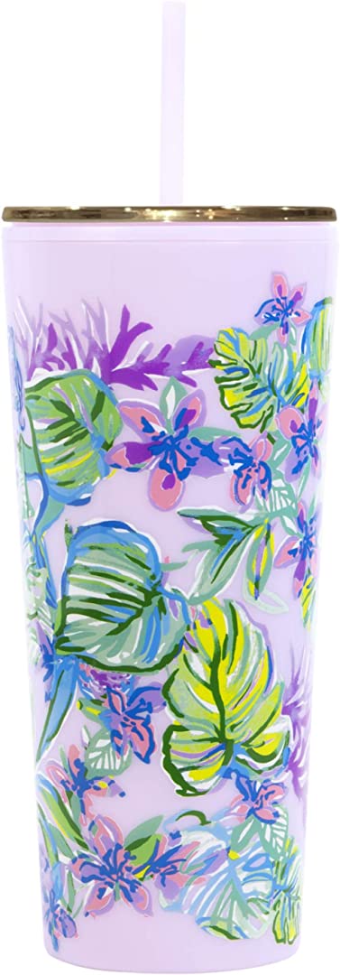Lilly Pulitzer Double Wall Tumbler with Lid and Reusable Straw, Insulated Travel Cup Holds 24 Ounces, Mermaid in the Shade