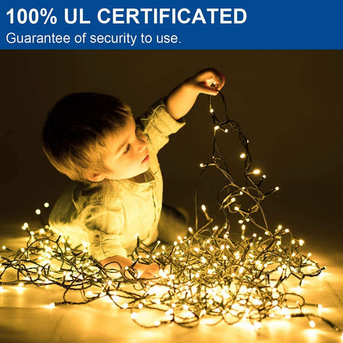Decute Warm White Christmas String Lights Waterproof 300LED 105FT UL Certified with End-to-End Plug 8 Modes, Outdoor Indoor Starry Fairy Lights for Christmas Tree Patio Garden Wedding Party Decor