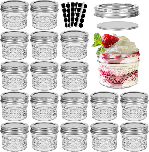 CycleMore 20 Pcs 4oz 100ml 4 oz Clear Glass Mini Mason Jars With Silver Separable Lids and Diamond appearance, Small Mason Jars Round Canning Jars Spice Jars for Honey, Jam, Jelly, Wedding Favors, Kitchen Food Storage