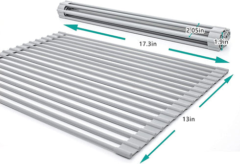 Roll Up Dish Drying Rack (17.3''X13''), Silicone Wrapped Steel Rods, Anti-Slip, Anti-Rust, Strong, Heat Resistant, Over The Sink Multipurpose Dish Drying Racks