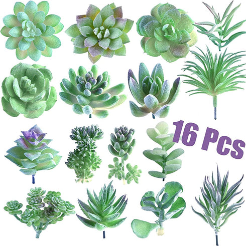 FEPITO 16 Pcs Random Size Artificial Succulent Plants Unpotted Succulents Picks Faux Succulent Plant in Green Stems for Home Indoor Garden Decoration