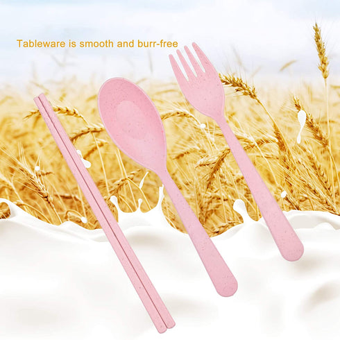 Lnrkai Travel Utensil Set with Case, 4 Sets Wheat Straw Reusable Spoon Chopstick Forks Tableware, Eco Friendly Non-Toxin BPA Free Portable Cutlery for Kids Adult Travel Picnic Camping or Daily Use