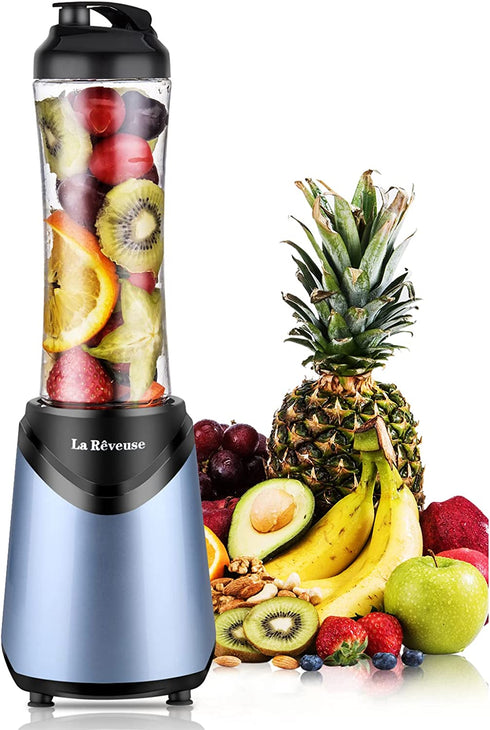 La Reveuse Smoothies Blender Personal Size 300 Watts with 18 oz BPA Free Portable Travel Sports Bottle (Light Blue)