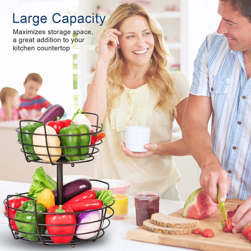 Bextsrack 2 Tier Fruit Basket Bowl with Banana Hanger for Kitchen Countertop, Portable & Detachable Fruit Vegetable Storage Holder Display for Kitchen -Bronze