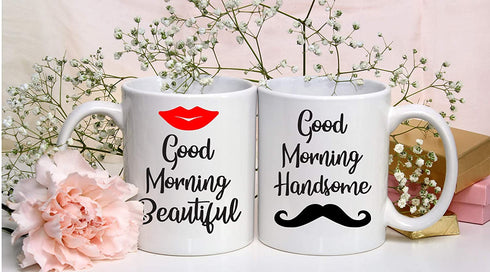 Good Morning Beautiful, Good Morning Handsome - 11oz Ceramic Coffee Mug Couples Sets - Funny His And Her Gifts - Husband And Wife Anniversary Presents - Wedding Or Engagement Gift Ideas - By CBT Mugs
