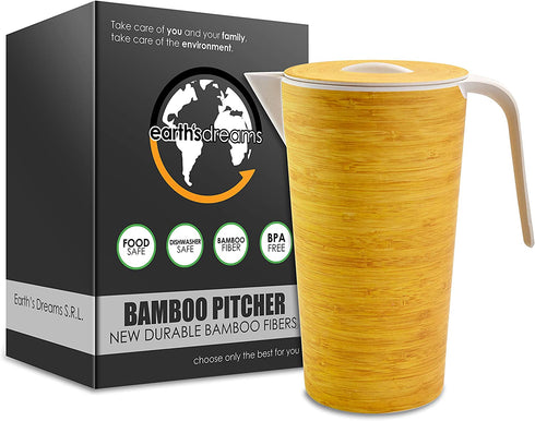 Earths Dreams Wooden Water Pitcher with Lid for Homemade Juice - 57 oz Bamboo Fiber Pitcher Serve Hot & Cold Drink for Home and Office
