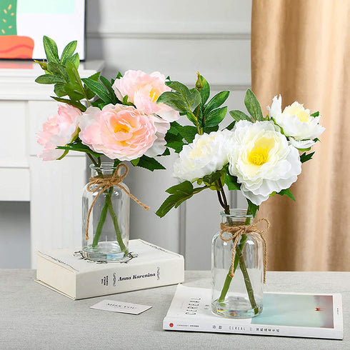 Artificial Peony Arrangements in Round Glass vase for Home Table Office Wedding Decoration. Fake Flowers in Pot, Table centerpieces Party Indoor Decor Gifts for Honey. Great, White, 15.4 inches tall