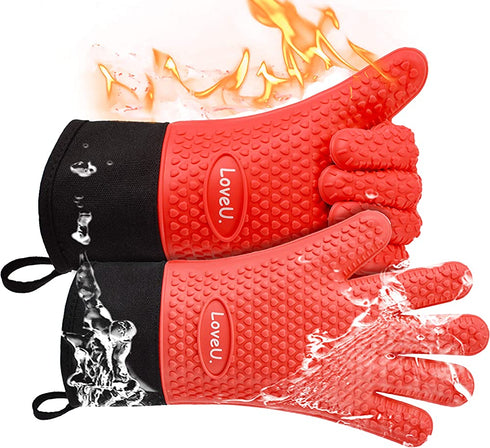 Loveuing Kitchen Oven Gloves - Silicone and Cotton Double-Layer Heat Resistant Oven Mitts/BBQ Gloves/Grill Gloves - Perfect for Baking and Grilling