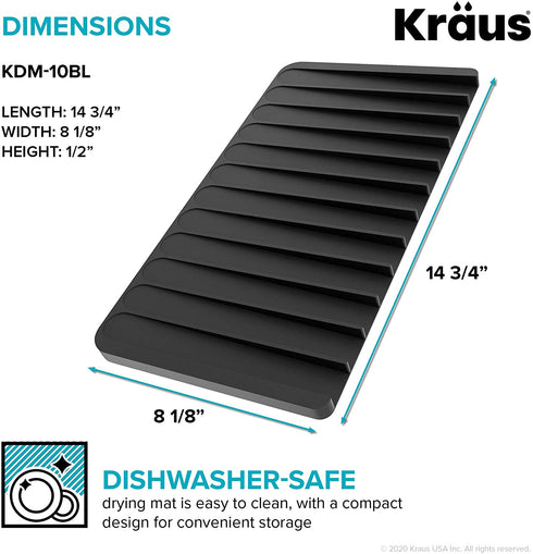 Kraus KDM-10BL Kore Self-Draining Silicone Dish Drying Mat or Trivet for Kitchen Counter, Black