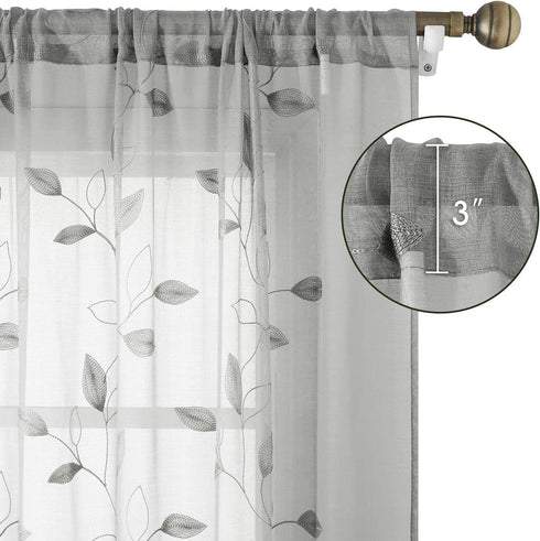 HOMEIDEAS Light Grey/Gray Sheer Curtains 52 X 96 Inches Long 2 Panels Embroidered Leaf Pattern Pocket Faux Linen Floral Semi Sheer Voile Window Curtains/Drapes for Bedroom Living Room