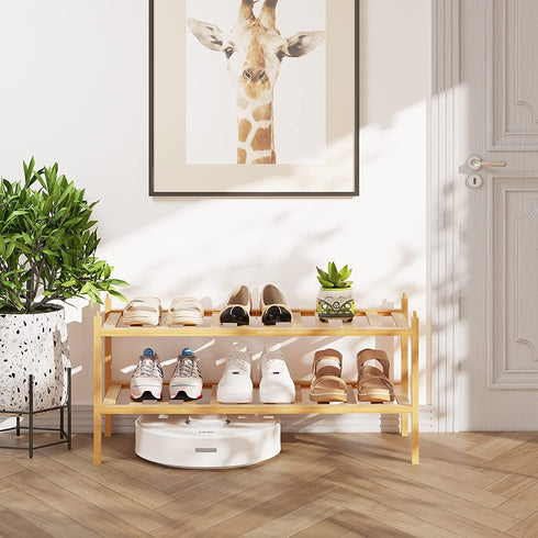 BAMFOX 2-Tier Shoe Rack,Bamboo Stackable Shoe Storage Organizer Unit Entryway Shelf,27.2"x11"x13.2" in Natural Color