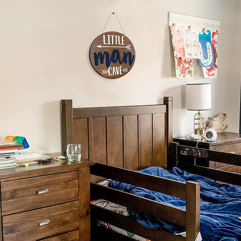 Little Man Cave Wooden Round Door Sign for Little Boy Nursery Room Wall Art Natural Wood Baby Toddler Kids Bedroom Living Room Hanging Rustic Farmhouse Decor -Blue