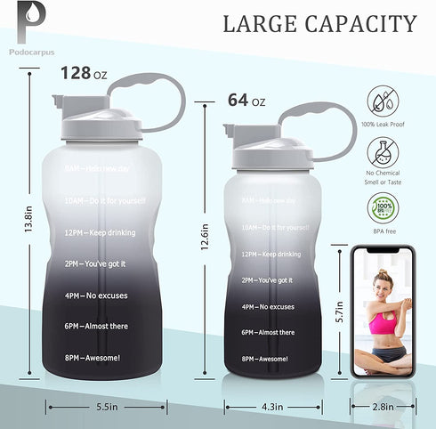Podocarpus Water Bottles with Times to Drink, 64/128OZ Gallon Water Bottle with Straw & Wide Mouth, BPA Free Durable Reusable Perfect for Gym Sports Outdoor White/Gray, Motivational Water Bottle