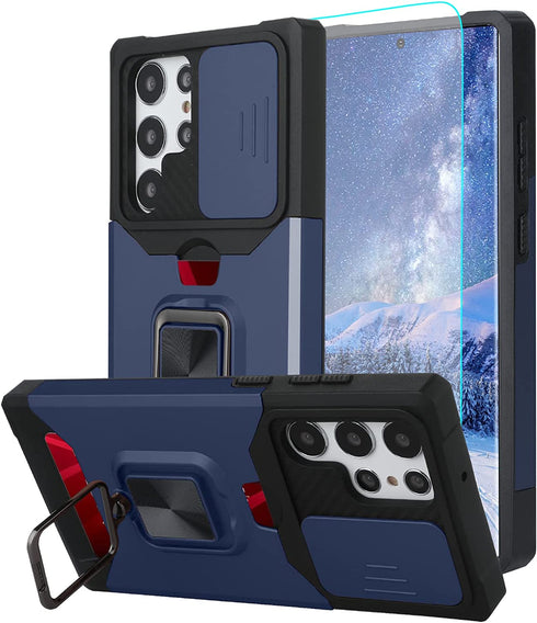 LSL Compatible with Samsung Galaxy S22 Ultra Case, S22 Ultra Wallet Case with Screen Protector & Camera Cover, 360° Rotate Ring Kickstand Magnetic Cover Case for S22 Ultra 5G 6.8 Inch 2022 - Blue