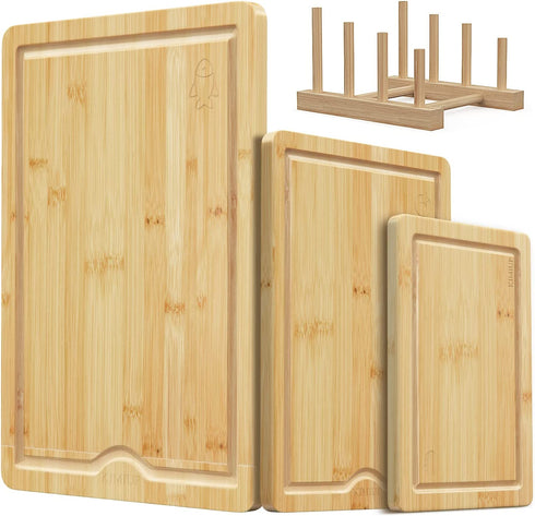 KIMIUP Bamboo Cutting Board Set for Kitchen, Wood Cutting Board Set of 3, Kitchen Chopping Board With Juice Grooves and Built-in Handles, Cutting Boards with Holder