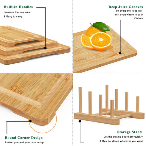 KIMIUP Bamboo Cutting Board Set for Kitchen, Wood Cutting Board Set of 3, Kitchen Chopping Board With Juice Grooves and Built-in Handles, Cutting Boards with Holder