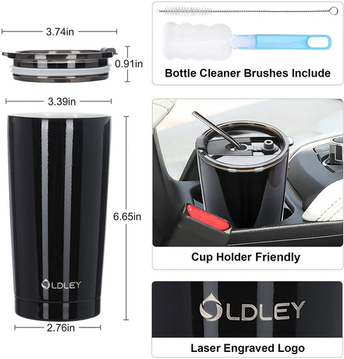 Insulated Ceramic Lined Coating Coffee Travel Mug with Lid and Straw, 20 oz Tea Vacuum Tumbler with Brush by OLDLEY, Black