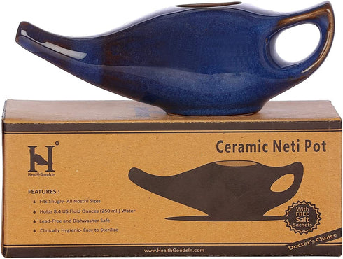 Ceramic Neti Pot, Premium Handcrafted Durable, Dishwasher Safe, for Nasal Cleansing + 5 Sachet Neti Salt, 225 Ml. (7.6 FL Oz) Capacity - Elegant Blue Gradient Color