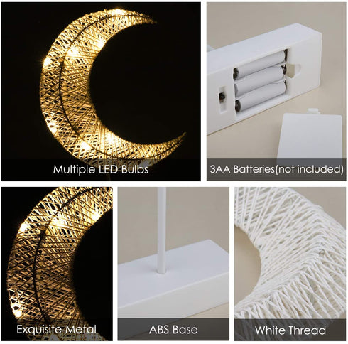 Lewondr Table Lamp, Battery Powered Moon Shape Bedside Light Desk Lamp Christmas LED Decorative Lamp Winding Iron Frame Plastic Base Warm White Bright Light Home Bedroom Romantic Decoration - White