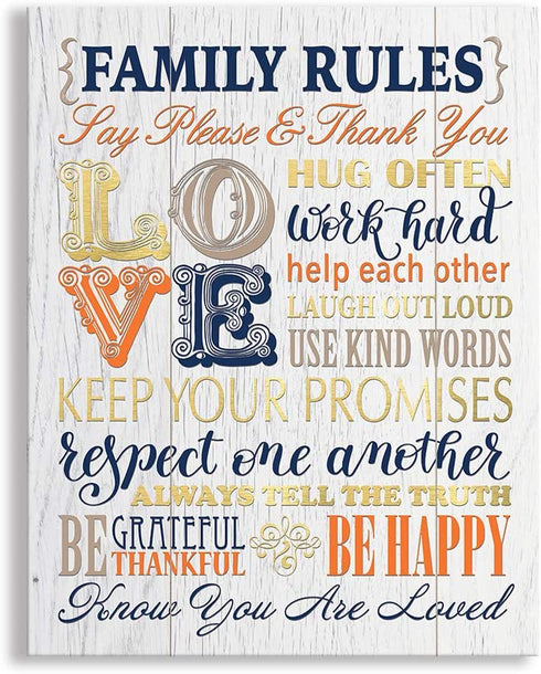 Kas Home Inspirational Motto Canvas Wall Art,Family Prints Signs Framed, Retro Artwork Decoration for Bedroom, Living Room, Home Wall Decor (12 x 15 inch, Rules - L)