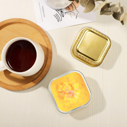 Baking Cups Aluminum Foil, EUSOAR 5oz 50pcs Reusable Cupcake Cups with Lids, 150ml Pie Ramekins, Desserts Flans, Custard Cake Pudding Jello Cups, Catering Party Favor-Gold