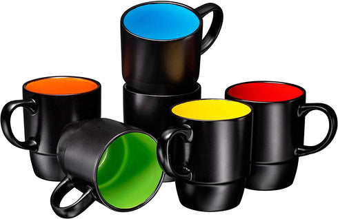 Ceramic Stacking Coffee Mug Tea Cup Dishwasher Safe Set of 6 - Large 18 Ounce, Matte Black