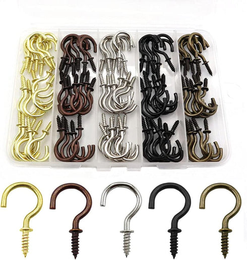 IDEALSV 100 Pcs Cup Hooks 7/8 Inch Screw Ceiling Hooks Christmas Lights Hooks Patio Hanging Hooks Jewelry Hooks 5 Colors Gold,Bronze,Black,Antique Copper,Silver