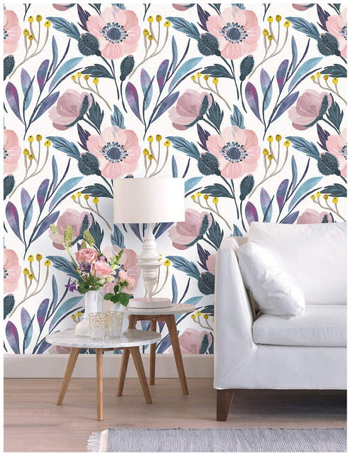 HaokHome 93019 Floral Peel and Stick Wallpaper Removable Pink/Blue/Yellow Vinyl Self Adhesive Shelf Liner 17.7in x 9.8ft