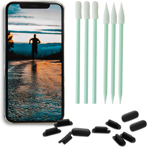 PortPlugs Port Cleaning Kit (17 Piece) Compatible with iPhone 11, X, XS, 8, 8+, 7, 6, iPads, Charging Port Cleaning Tools Includes Dust Plugs, Foam Tipped Swabs and Cleaning Brush (Black)