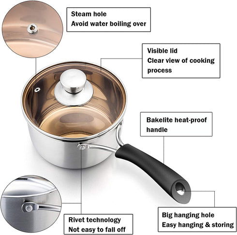 P&P CHEF 1 Quart Saucepan, Stainless Steel Saucepan with Lid, Small Sauce for Home Kitchen Restaurant Cooking, Easy Clean and Dishwasher Safe