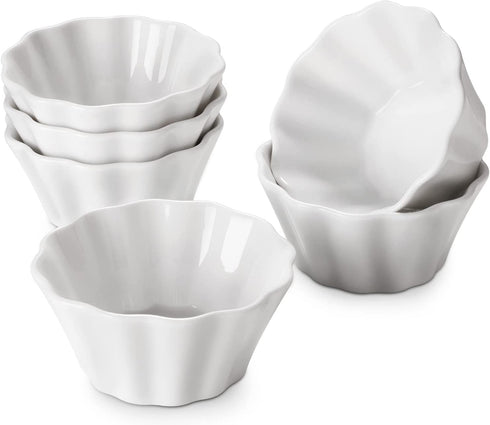 DOWAN 8 oz Ramekins, Ramekins 8 oz Oven Safe for Baking Creme Brulee Porcelain Ramekins, Dishwasher and Microwave Safe, Flower-Shaped Condiments Cups, Set of 6, White