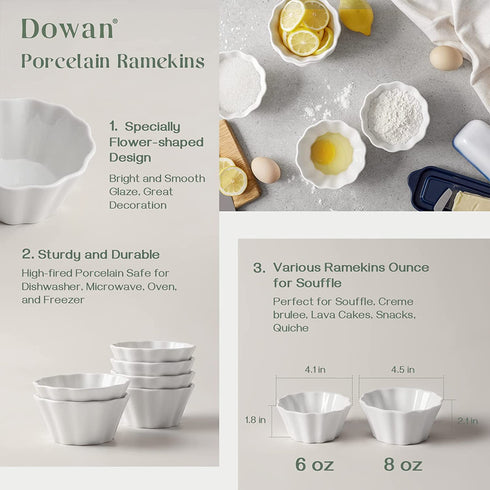 DOWAN 8 oz Ramekins, Ramekins 8 oz Oven Safe for Baking Creme Brulee Porcelain Ramekins, Dishwasher and Microwave Safe, Flower-Shaped Condiments Cups, Set of 6, White