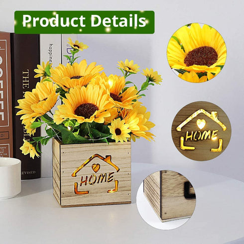 AceList 2 Pcs Decorative Fake Flowers with Led Lights in Wooden Box, Artificial Sunflowers Pot, Artificial Sunflower with Vase for Home Office Desk Kitchen Decoration, Valentine's Day/Mother's Day