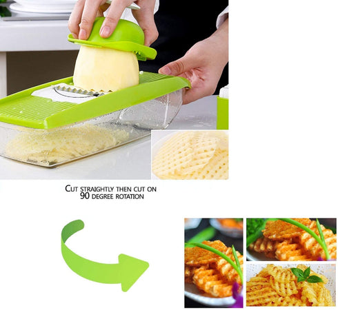 GProME Mandoline Slicer Vegetable Spiralizer, Food Slicer 6-in-1 French Fry Cutter, Food Waffle,Julienne Grater- Potato Slicer Sharp Stainless Steel Blades(Green)