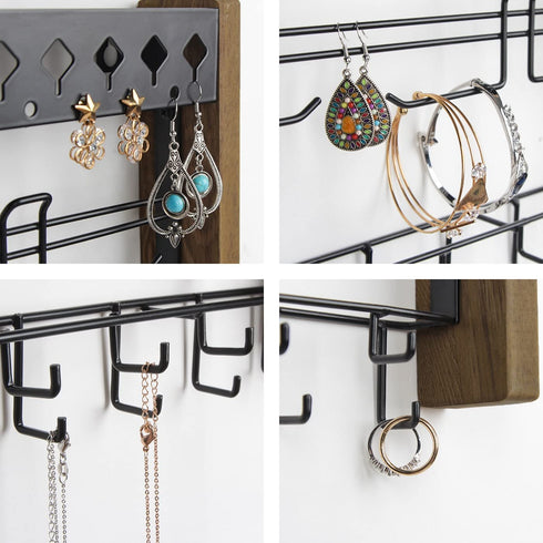 Rustic Wood Wall Mount Jewelry Organizer with Metal Hooks for Necklaces Earrings and Bracelets (Wood) : MK460A