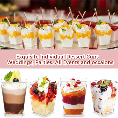 INDRAH 50 Pack 5 oz Clear Plastic Dessert Shooter Cups with Spoons and Lids/ Footed Dessert Shooters for Parfait, Appetizer, Dessert Shot Glasses & Party Serving Tumbler Cups