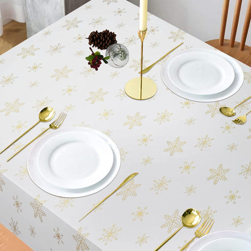 Christmas Tablecloth, Gold Snowflake Table Cloth, Xmas Sparkling Metallic Tablecloths for Dining Kitchen Winter Holiday, Waterproof Table Cover for Party Home Decor, Rectangle 57 x 120 inch