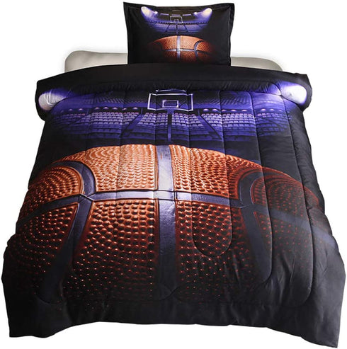 HTgroce 3D Basketball Court Comforter Quilt Set for Teen Boys Girls Twin Size(68''x86''),2PCS,1 Quilt+1 Pillow Sham